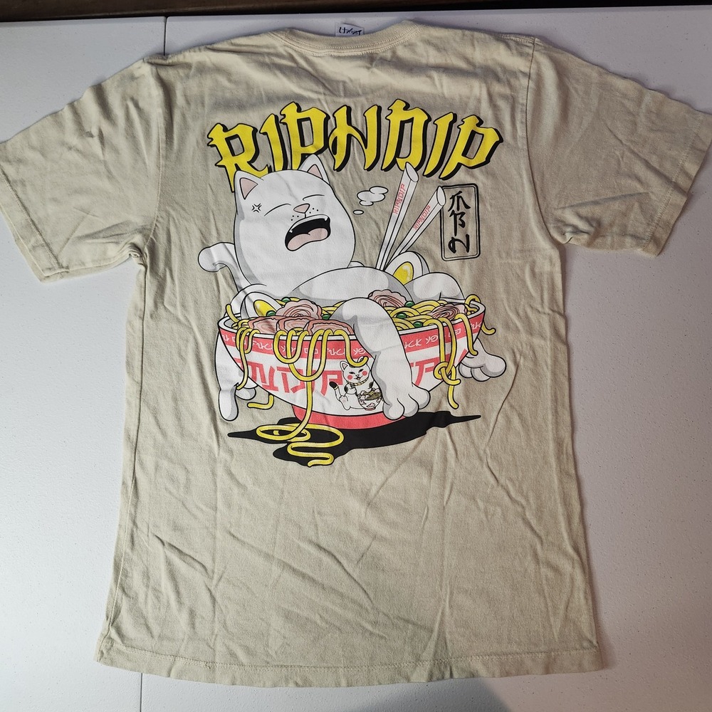 RIPNDIP Beige Cat Graphic Logo Crew Neck T-Shirt Mens S Short Sleeve Cotton NWOT